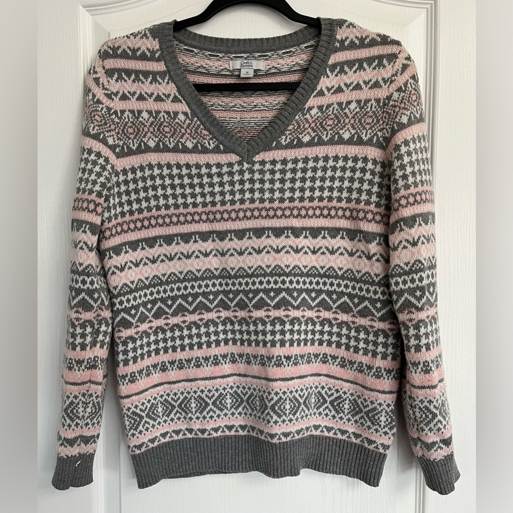 Croft & Barrow Women's Pink and Gray Cotton Blend V neck Patterned Sweater Sz M